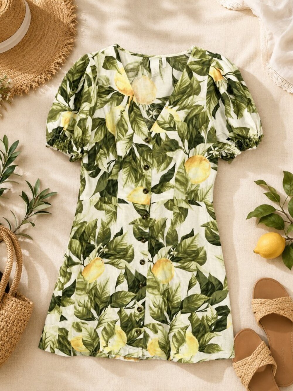 H&M Puff Sleeve Mini Dress Euro Summer Coastal Boho